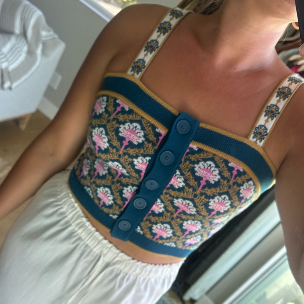 Maeve Blue and Pink Floral Button-Front Tank Top